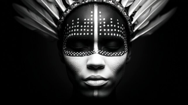 A striking portrait of a person adorned with elaborate face paint and feathers, captured in high contrast against a dark background.