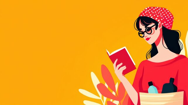 A stylish woman in a red outfit and polka dot headband reads a book against a vibrant yellow background, surrounded by decorative leaves.