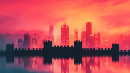 Fototapeta premium A vibrant skyline at sunset, where modern skyscrapers meet a fortified wall, reflecting in tranquil waters under a dramatic sky.