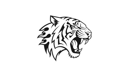 A fierce black and white illustration of a roaring tiger head with tribal-style stripes and an aggressive expression.