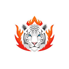 White tiger head with striking blue eyes and black stripes, surrounded by vibrant orange and red flames, in a bold graphic design.