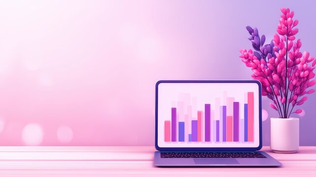 A modern workspace featuring a laptop displaying colorful graphs and a decorative flower arrangement on a wooden table, set against a soft pink gradient background.