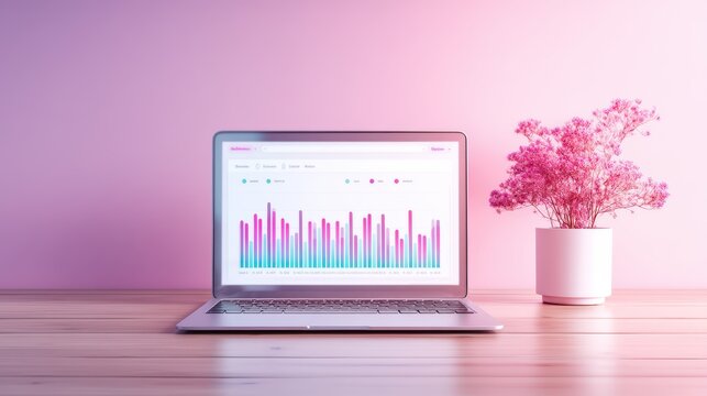 A sleek laptop displays colorful data graphs, accompanied by a pink flower arrangement on a wooden table against a soft gradient background.