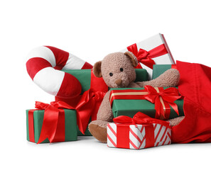 Santa Claus bag full of gifts and toys isolated on white background