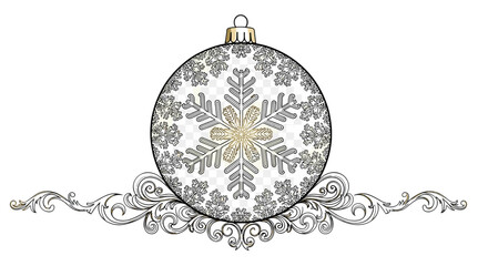 Ornate Christmas Ornament: A beautifully designed Christmas ornament featuring an intricate snowflake pattern, resting elegantly on a decorative flourish, a perfect embodiment of the holiday spirit. 