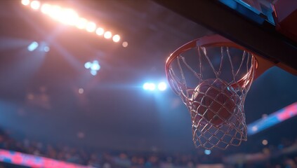 A basketball sinking through the net, under bright stadium lights, crowd blurred in background