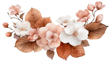 Autumnal floral arrangement showcases delicate blossoms and richly colored foliage against a white background