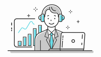 Illustration of a man with headphones working on a laptop with a graph and bar chart in the background