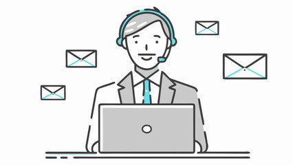 Illustration of a customer service representative with headset working on laptop with email icons around him