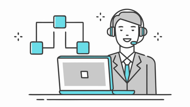 Customer service representative with headset in front of laptop and flowchart diagram on white background