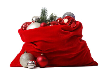 Santa Claus bag full of Christmas baubles isolated on white background