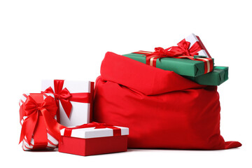 Santa Claus bag and gifts isolated on white background