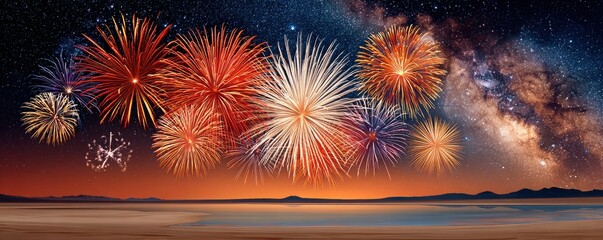 Spectacular fireworks over a tranquil lake at night under a starry sky and Milky Way