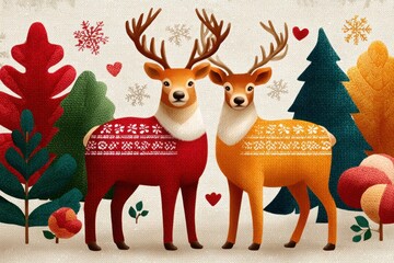 Obraz premium Two decorative reindeer wear knitted sweaters in a festive winter forest scene