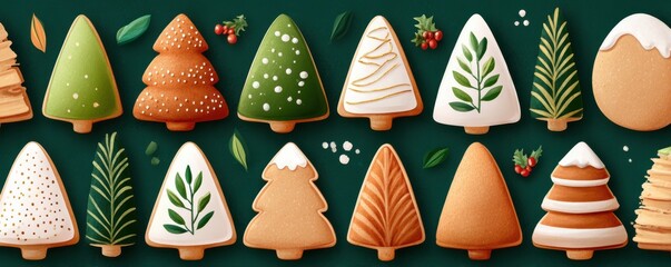 Decorative Christmas tree cookies arranged on a green background for festive holiday baking