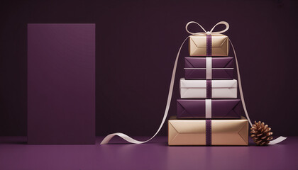 Elegant Purple Gold Gifts Stack & Blank Box. Festive Presents for Celebrations & Special Occasions.