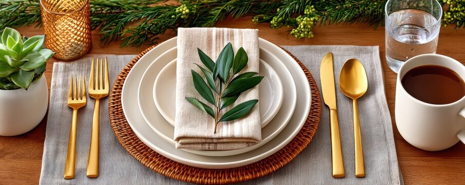 Elegant rustic table setting with greenery, gold cutlery, and olive branch napkin decor