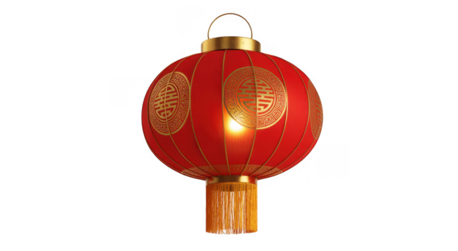 Red Chinese lantern with gold ornate patterns and fringe isolated on a transparent background
