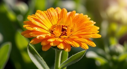 Fototapeta premium Vibrant calendula flower with water droplets illuminated by golden sunlight in a garden setting