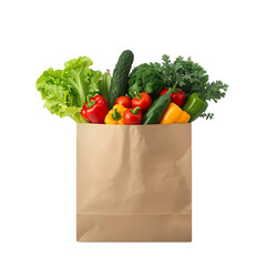 Fresh vibrant vegetables overflowing from a brown paper grocery bag, healthy food isolated on transparent background