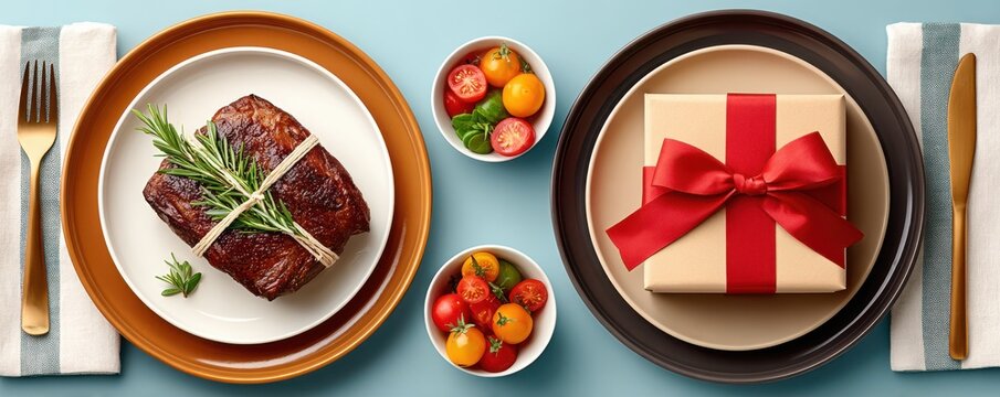 Gourmet steak dinner setup with gift box centerpiece and festive tomatoes on a blue background