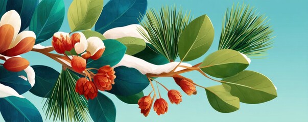 Vibrant tropical leaves and orange berries on a leafy branch against a blue sky illustration