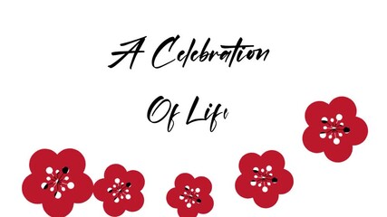 Elegant funeral announcement or memorial card with red plum blossoms on a white background, symbolizing a celebration of life