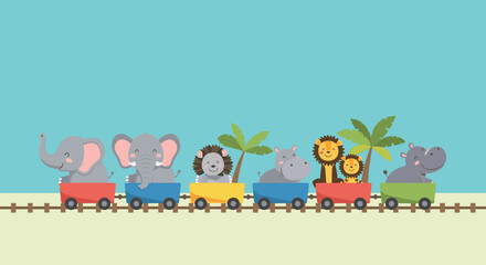 Fototapeta premium Adorable cartoon safari animals including elephants, lions, and hippos happily riding on a colorful toy train for kids' designs.