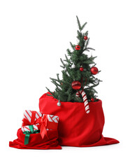 Santa Claus bag with gifts and Christmas tree isolated on white background