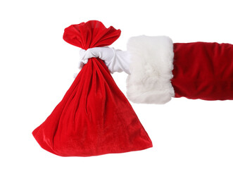 Santa holding bag full of gifts on white background