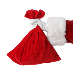 Santa holding bag full of gifts on white background