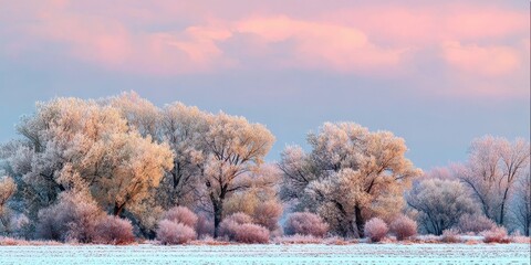 Winter Landscape Featuring Frost Covered Trees and Pink Hues at Sunrise