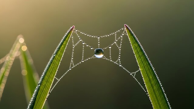 Dew drops on a spider web between blades of grass