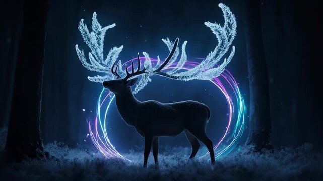 A glowing antlered deer in a forest, encircled by a neon ring and surrounded by snow