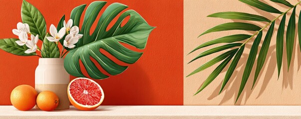 Still life with citrus fruit, tropical leaves, and white flowers in a ceramic vase