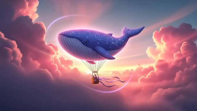 Whimsical Whale Balloon Flight Through Dreamy Cloudscape at Sunset.
