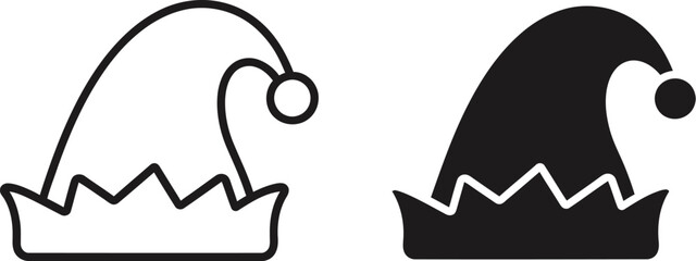 Two elf hats line art and solid fill ideal for festive designs on — Outline, silhouette, and on transparent background. EPS 10.