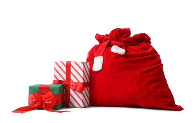 Full Santa Claus bag and gifts isolated on white background