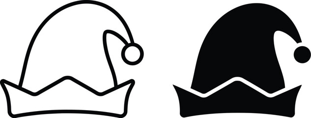Two christmas elf hats one and one filled on &mdash; Outline, silhouette, and on transparent background. EPS 10.