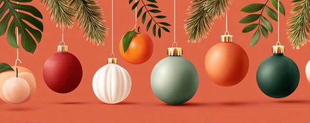 Obraz premium Colorful hanging Christmas ornaments with tropical leaves on a coral background