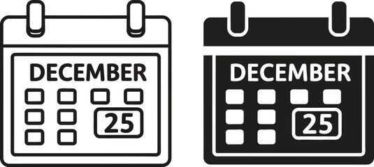 December calendar icons showing the 25th in a simple on — Outline, silhouette, and on transparent background. EPS 10.