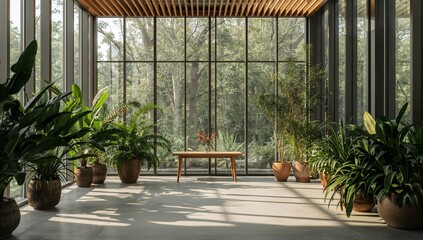 Serene sunlit conservatory with lush greenery creating a calming and peaceful atmosphere