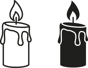 Two burning candle icons in differing styles on — Outline, silhouette, and on transparent background. EPS 10.