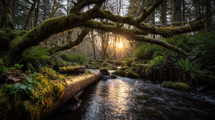 Fototapeta premium Sunlight Filtering Through Moss Covered Branches and Forest Canopy Above River Creating Warm Atmosphere
