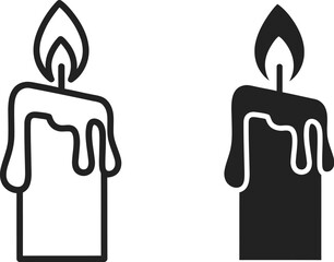 Two black candle icons with flame differing styles on — Outline, silhouette, and on transparent background. EPS 10.