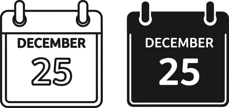December twenty fifth calendar icon in and solid black style on — Outline, silhouette, and on transparent background. EPS 10.