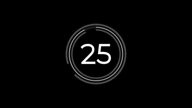 Circle countdown timer thirty seconds animation from 30 to 0 seconds. Thirty second circular countdown animation from 30 to 0 seconds on transparent background. 4K Video