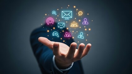 Hand holding illuminated social media icons. networking concept.