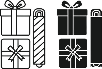 Two sets of christmas gifts with bows simple on — Outline, silhouette, and on transparent background. EPS 10.