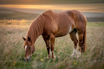 A solitary chestnut horse grazes peacefully in a sun drenched field at dusk its mane flowing gently in the warm evening breeze